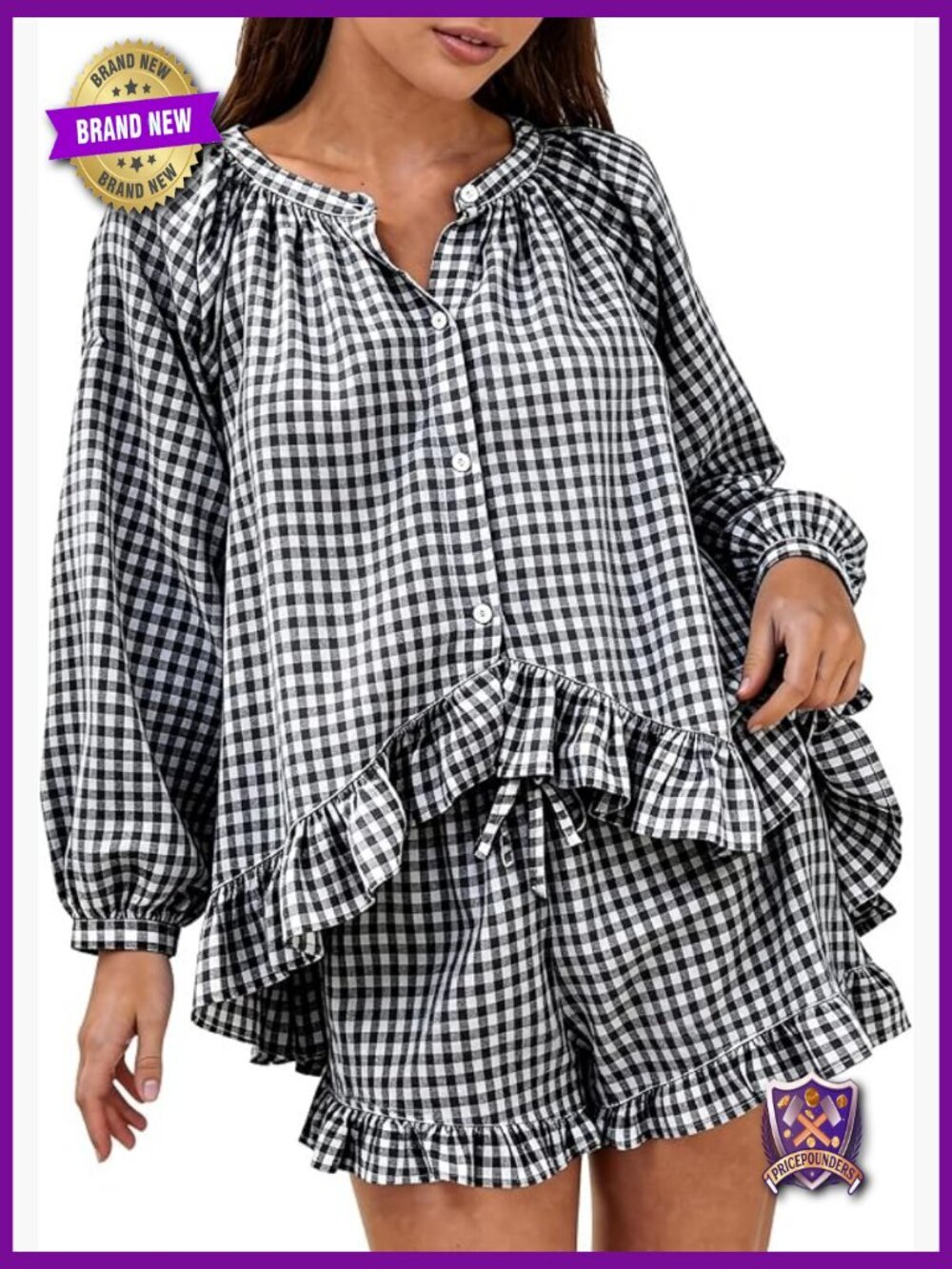 Cotton Gingham Women's Pajama Set Plaid 2 Piece Sleepwear Ruffled Shorts Long